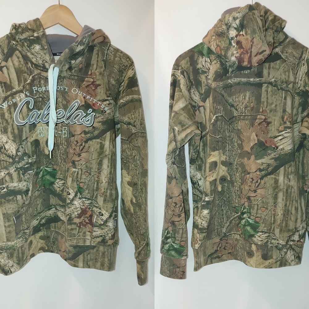 Cabela's Realtree Green Brown Camo Pullover‎ Logo Sweatshirt S Light Blue Detail